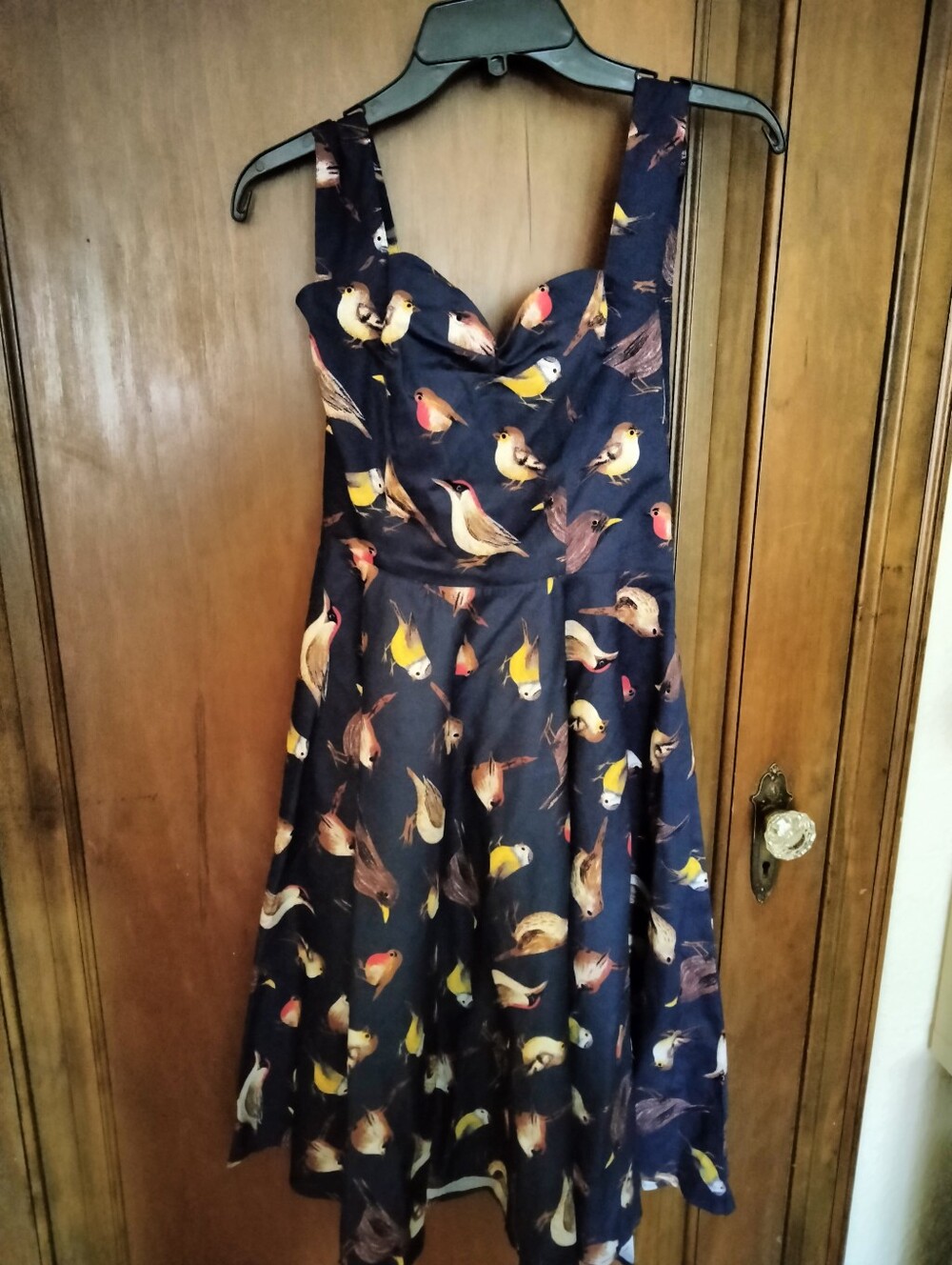 Retro Style Bird Print Navy Halter Dress with Full Skirt Size L -NWT But Flawed